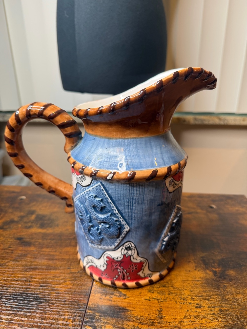Heartfelt Ceramic Blue Brown Patchwork Decorative Pitcher Handpainted Home Art